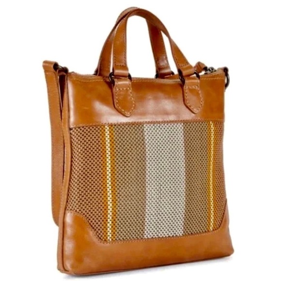 FRYE MELISSA LEATHER WOVEN STRIPED TOP HANDLE ZIP CROSSBODY SMALL TOTE BAG - Picture 1 of 12